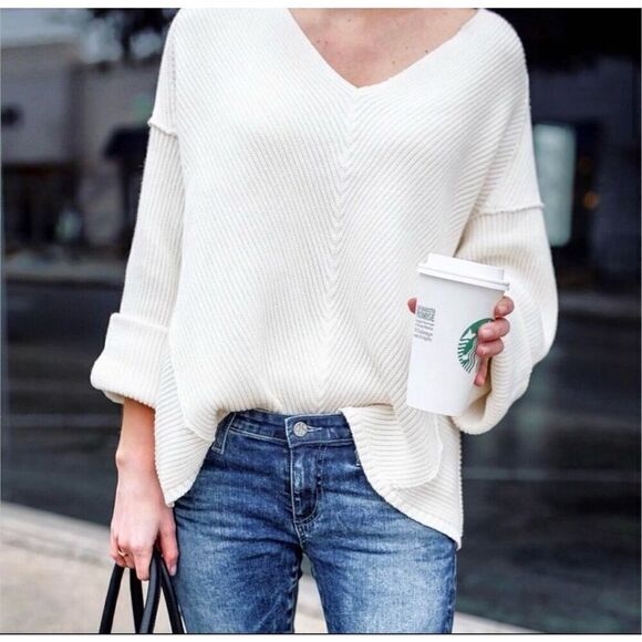 Free People Women's La Brea V-Neck Knitted Pullover Sweater Cream Size XS - Picture 1 of 12